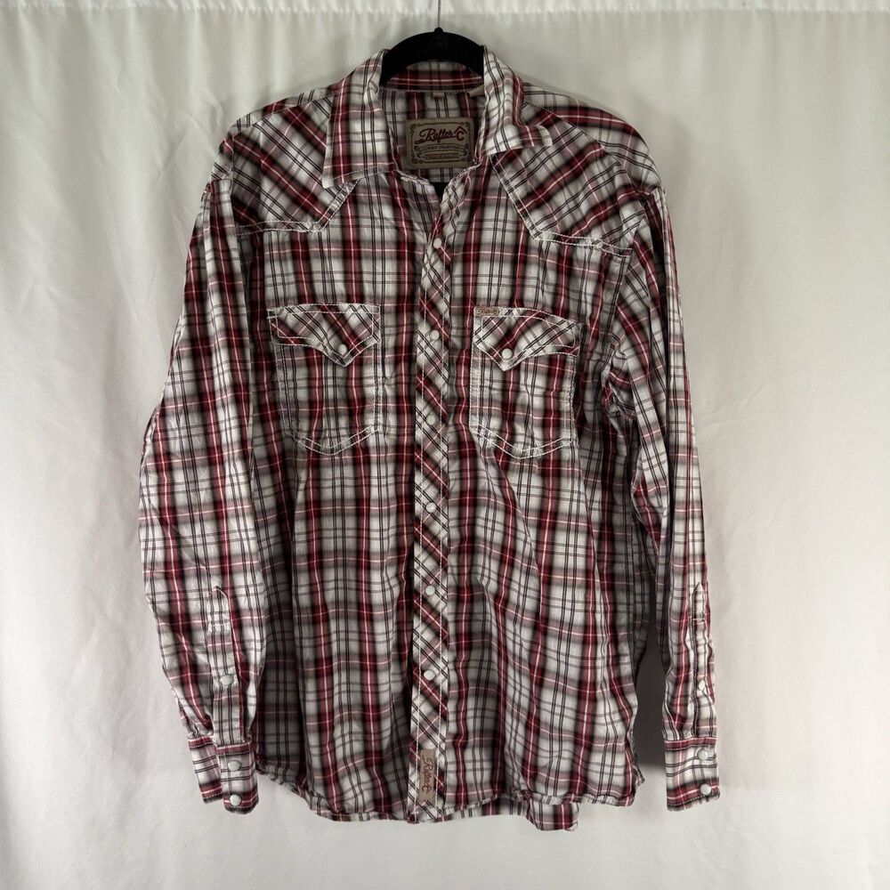 Rafter C Pearl Snap Button Down Shirt Men's Large Red White Plaid Long Sleeve